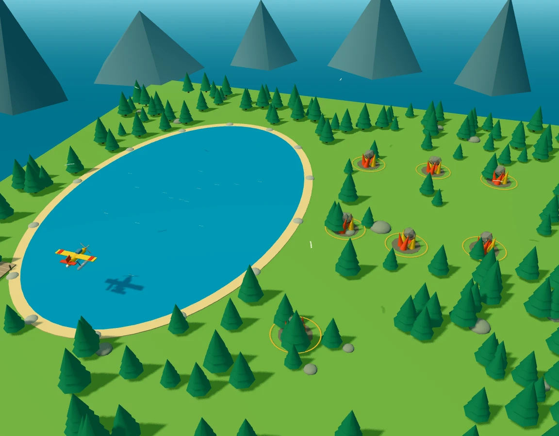 A yellow rescue seaplane above a lake beside a forest with seven small fires