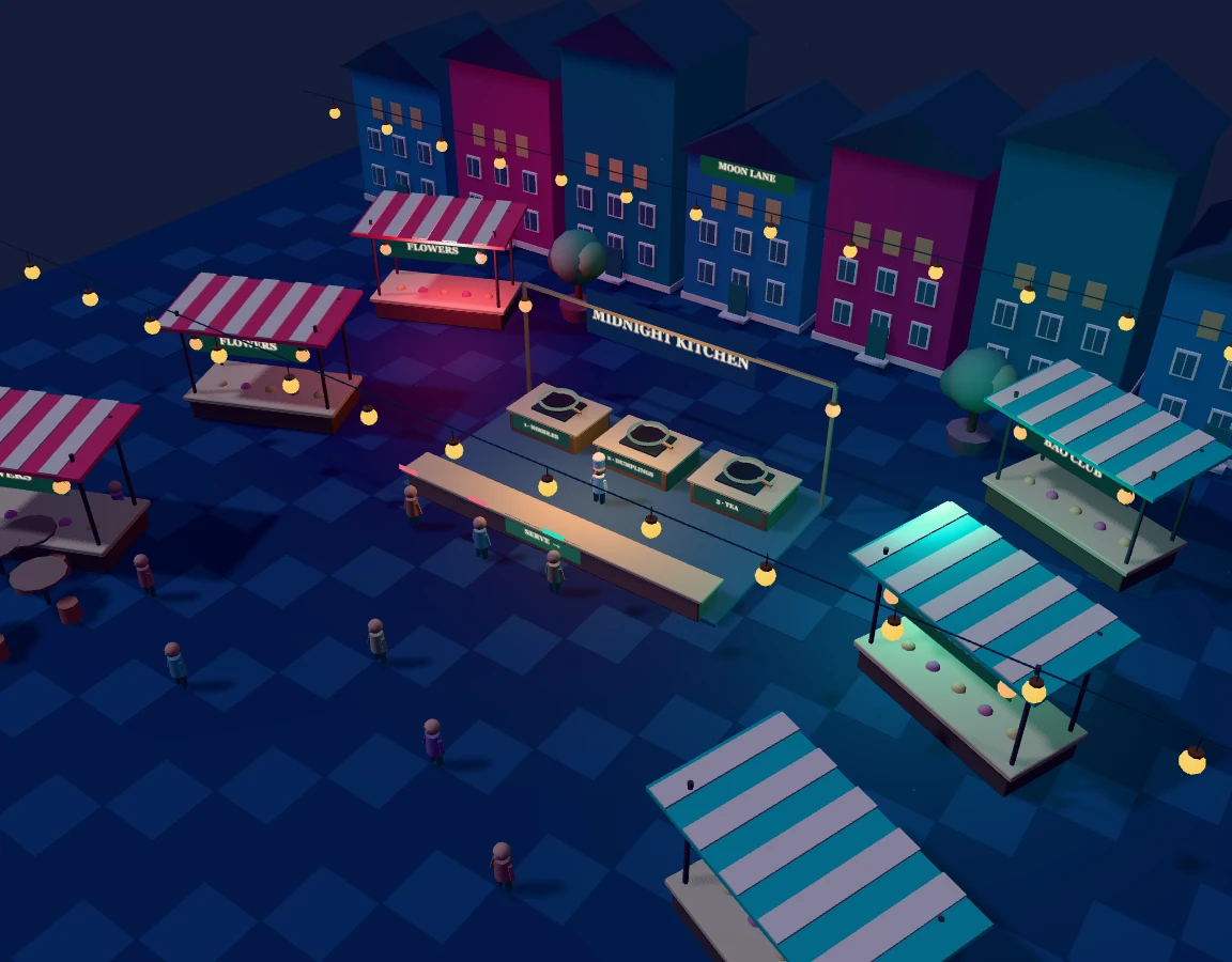 A small open kitchen, striped stalls, lanterns, and waiting customers at night