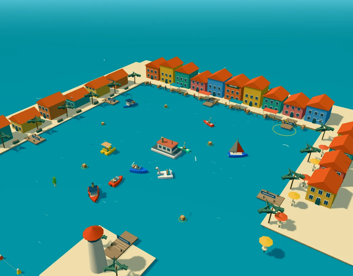 A tiny courier boat in a harbour lined with pastel houses, palms, and wooden piers