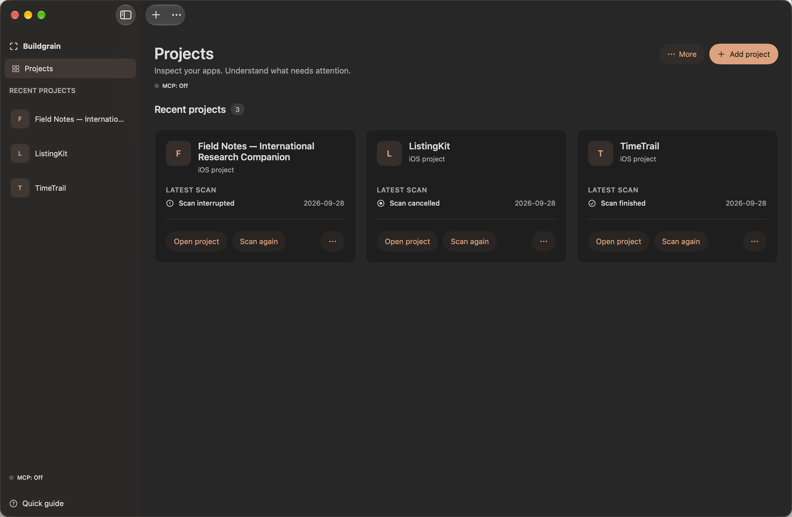 Buildgrain Mac app Projects screen in dark mode, showing synthetic project history
