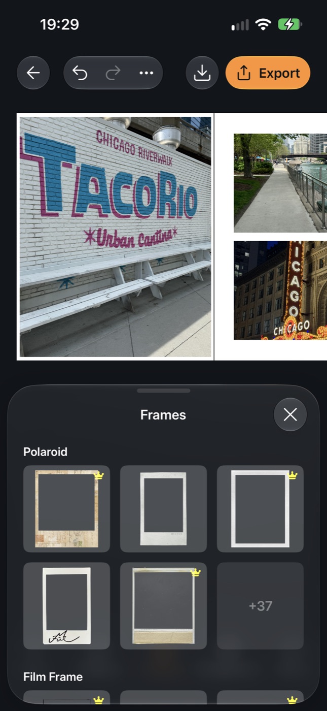 Zaps carousel editor with the Frames panel open