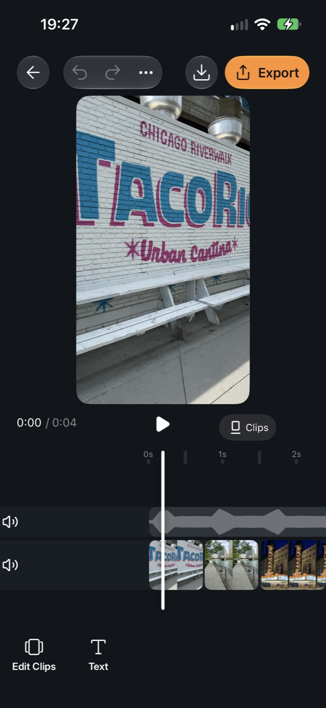 Zaps video editor with clip thumbnails, audio waveform, and timeline