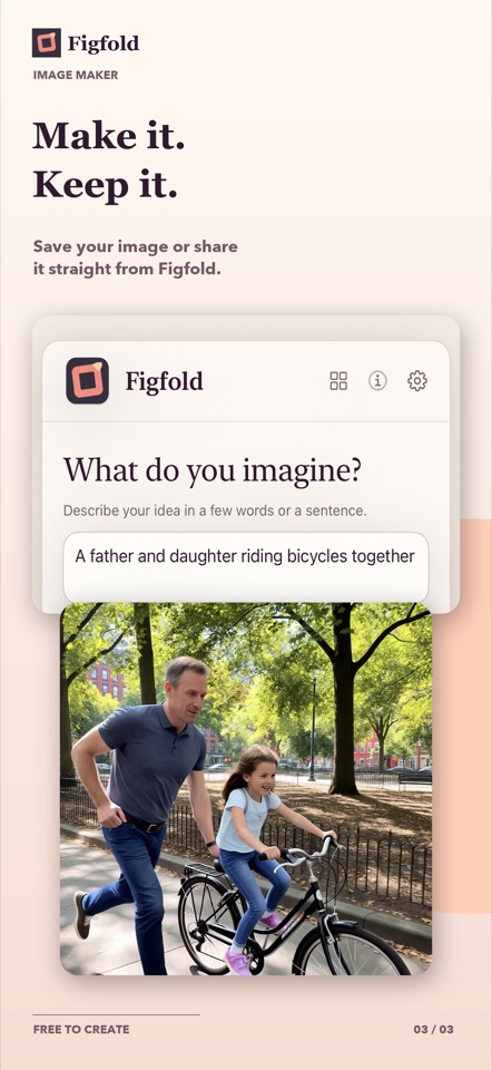 Figfold App Store artwork showing a generated image and save and share actions